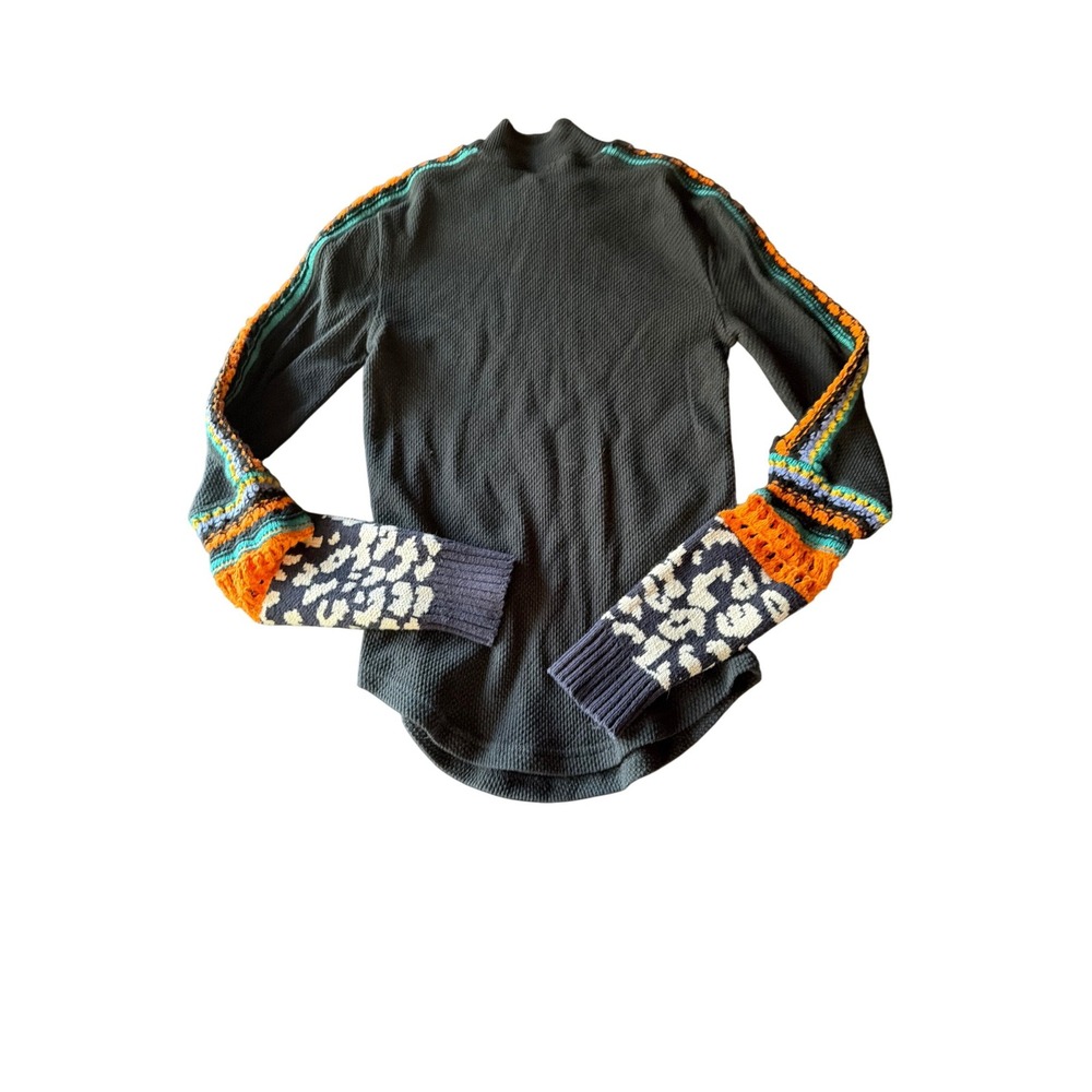 Free People Thermal Black Crochet Leopard Cuff Mock Neck Waffle Knit Top XS - Picture 6 of 6